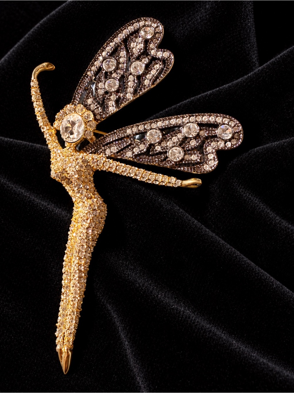 Gold and Black Crystal Fairy Brooch